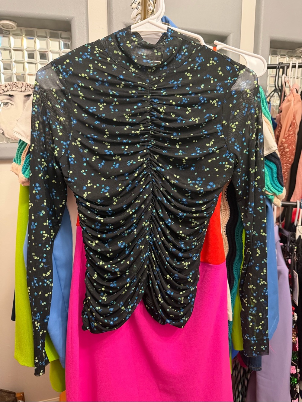 AFRM Black Sheer Ruched Long-Sleeve Top with Blue & Green Floral Print